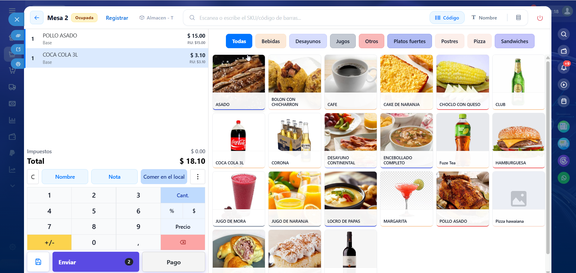 POS de restaurante Emex365 tomando pedido en mesa con catálogo y comandas